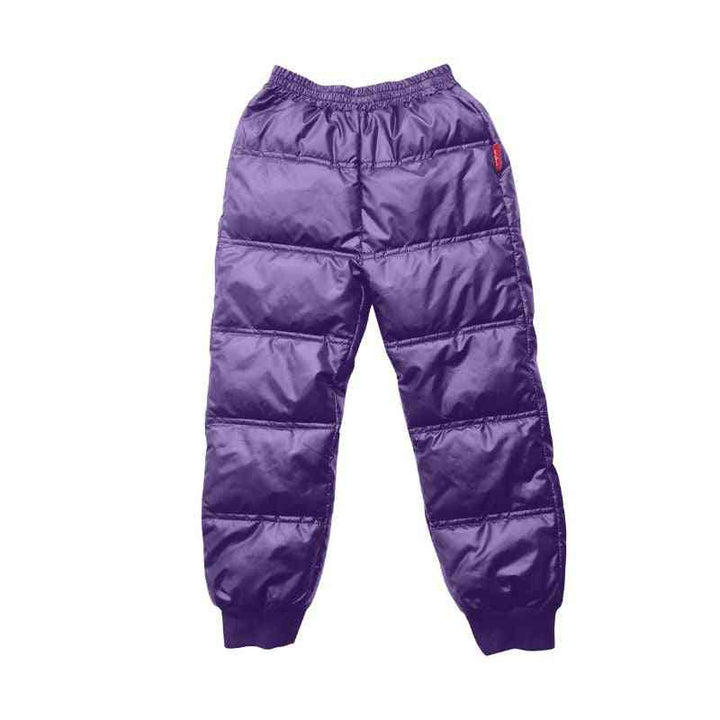 Purple packable snow pants on a white background