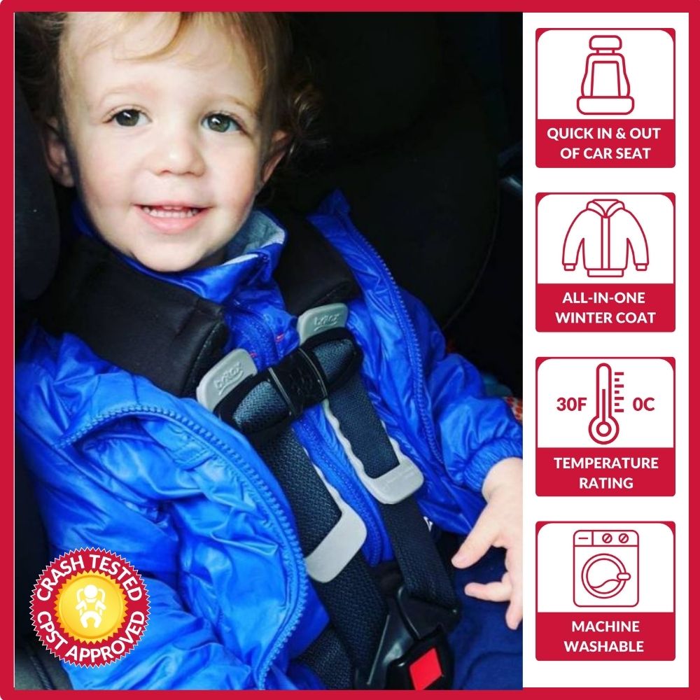 Child in royal blue Road Coat Transition safely buckled in car seat – crash tested car seat coat