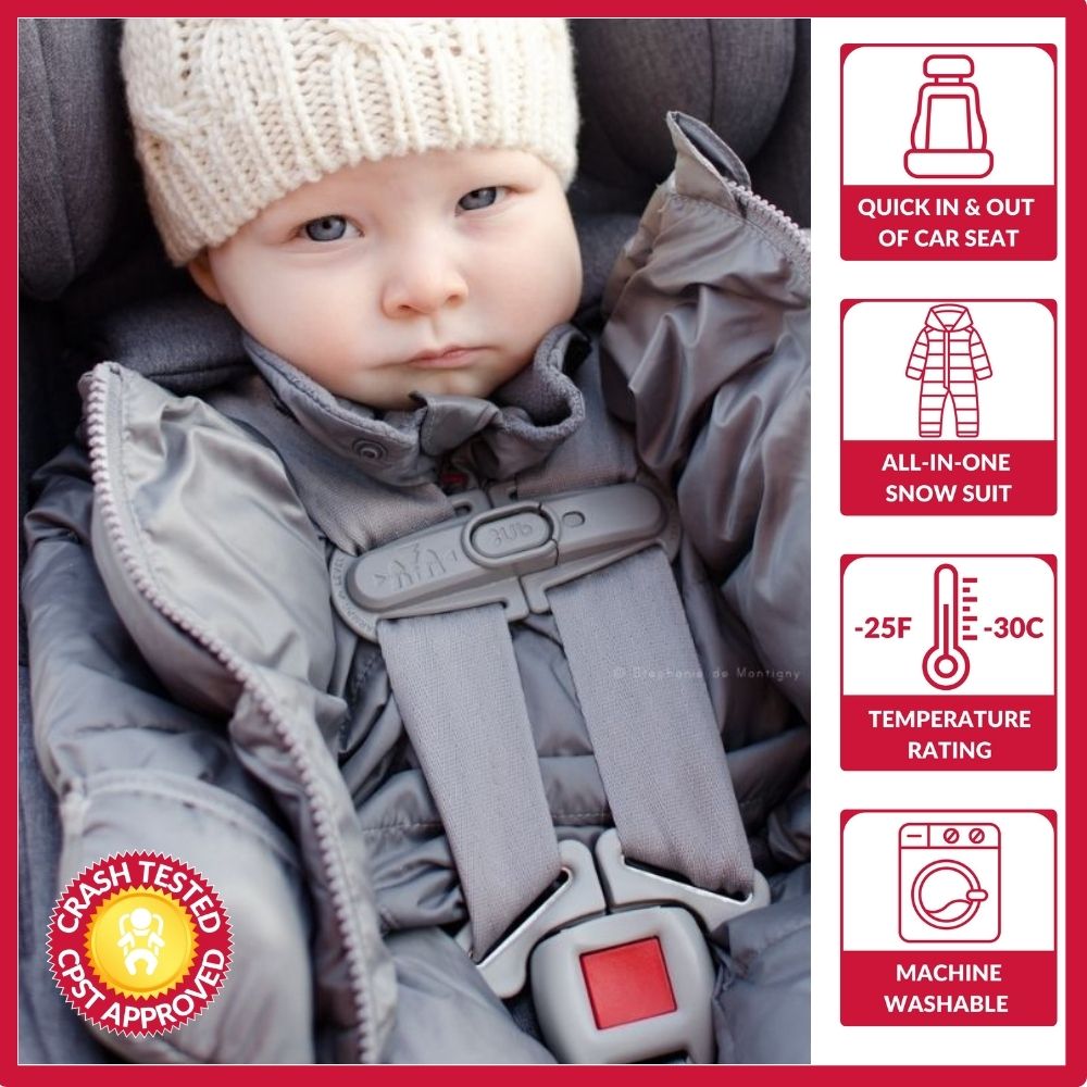 Infant in platinum Road Coat Snow Suit safely buckled in car seat โ crash tested car seat coat