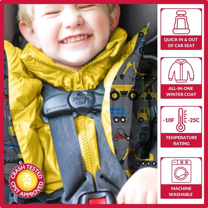 Boy in construction print Road Coat Vegan safely buckled in car seat – crash tested car seat coat