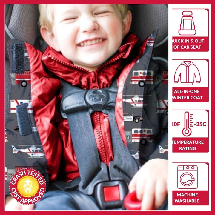Boy in rescue print Road Coat Vegan safely buckled in car seat – crash tested car seat coat