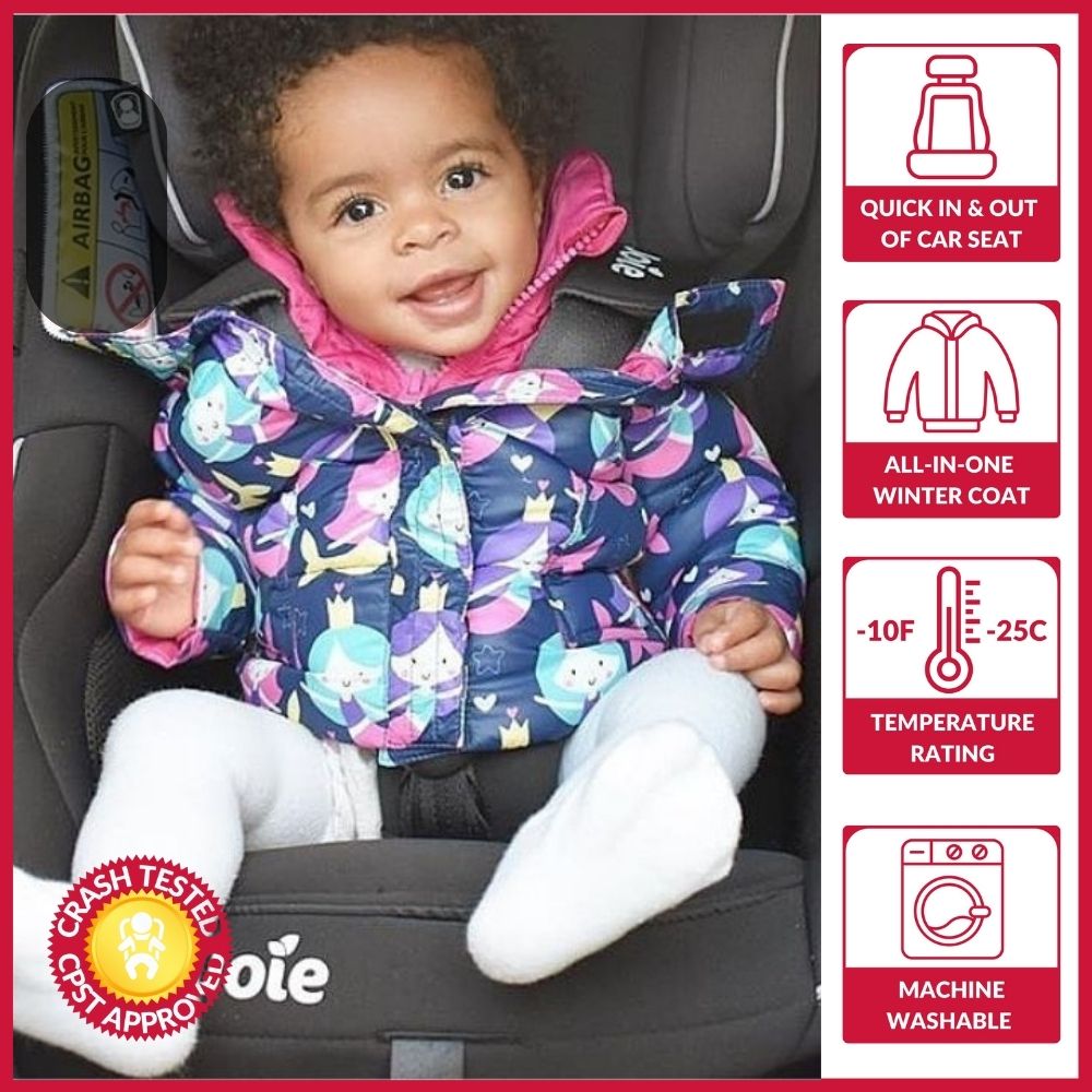 Girl in mermaid print Road Coat Vegan safely buckled in car seat – crash tested car seat coat