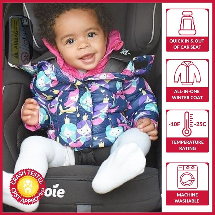 Girl in mermaid print Road Coat Vegan safely buckled in car seat – crash tested car seat coat