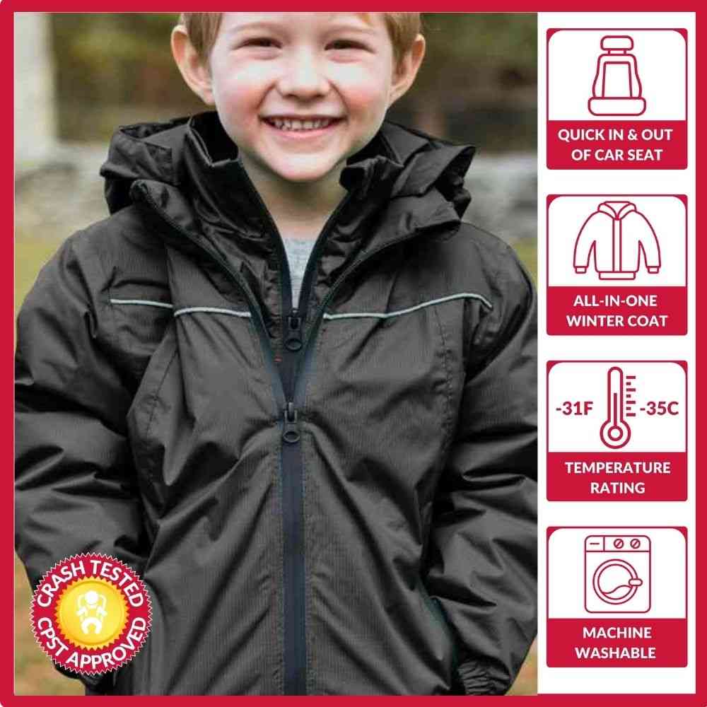 Child wearing black Road Coat Arctic – crash tested car seat coat
