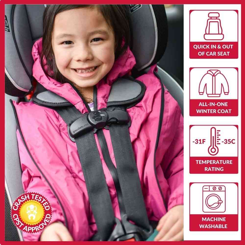 Child in fuchsia Road Coat Arctic safely buckled in car seat – crash tested car seat coat