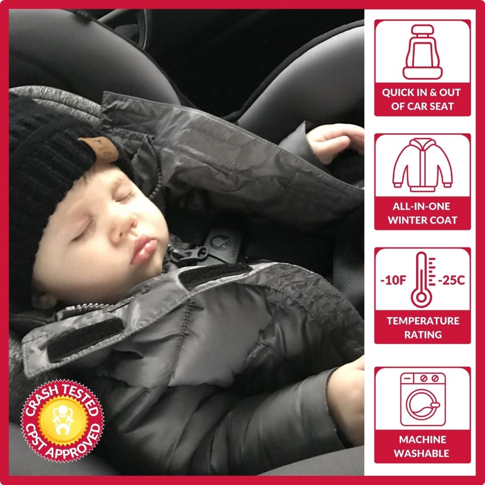 Toddler in black Road Coat Vegan safely buckled in car seat – crash tested car seat coat