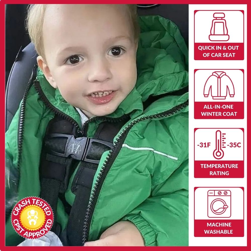 Child in green Road Coat Arctic safely buckled in car seat – crash tested car seat coat