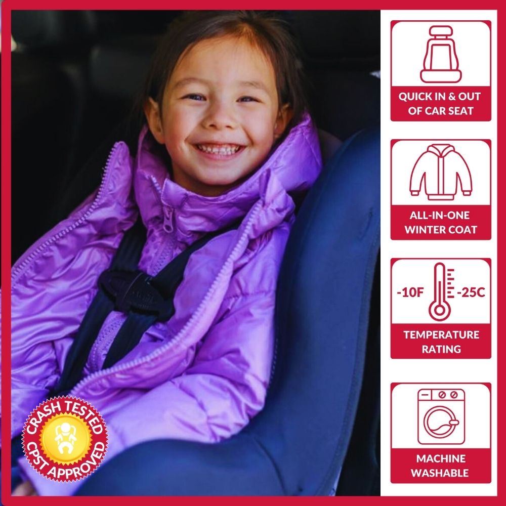 Girl in purple Road Coat Vegan safely buckled in car seat – crash tested car seat coat