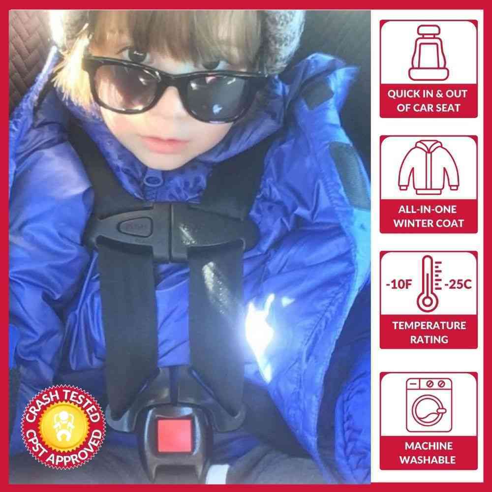 Toddler in royal blue Road Coat Vegan safely buckled in car seat – crash tested car seat coat