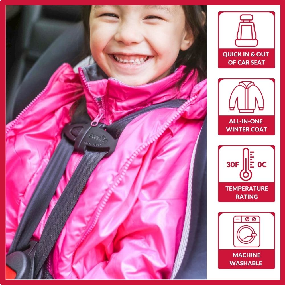 Child in fuchsia Road Coat Transition safely buckled in car seat – crash tested car seat coat