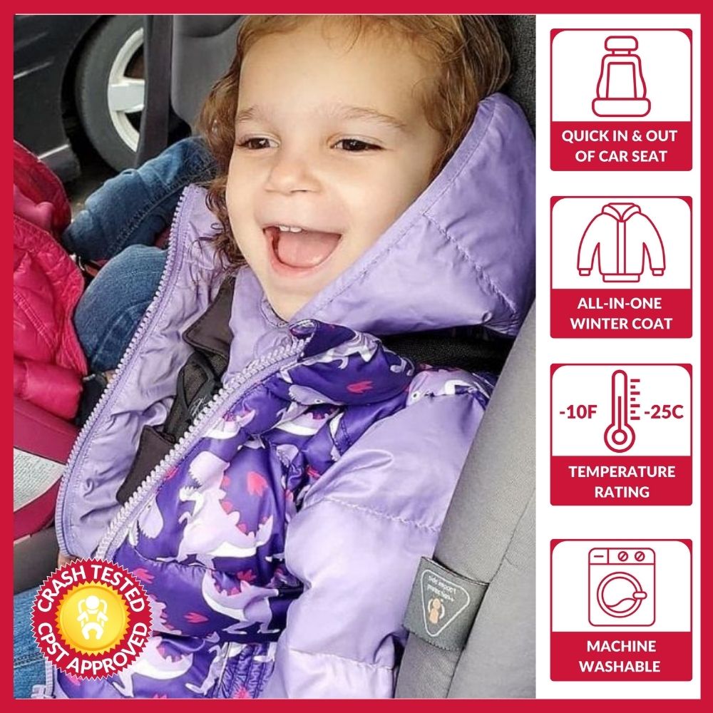 Girl in purple raptor Road Coat Vegan safely buckled in car seat – crash tested car seat coat