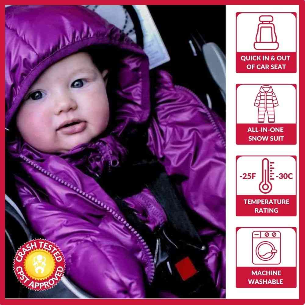 Infant in plum Road Coat Snow Suit safely buckled in car seat โ crash tested car seat coat