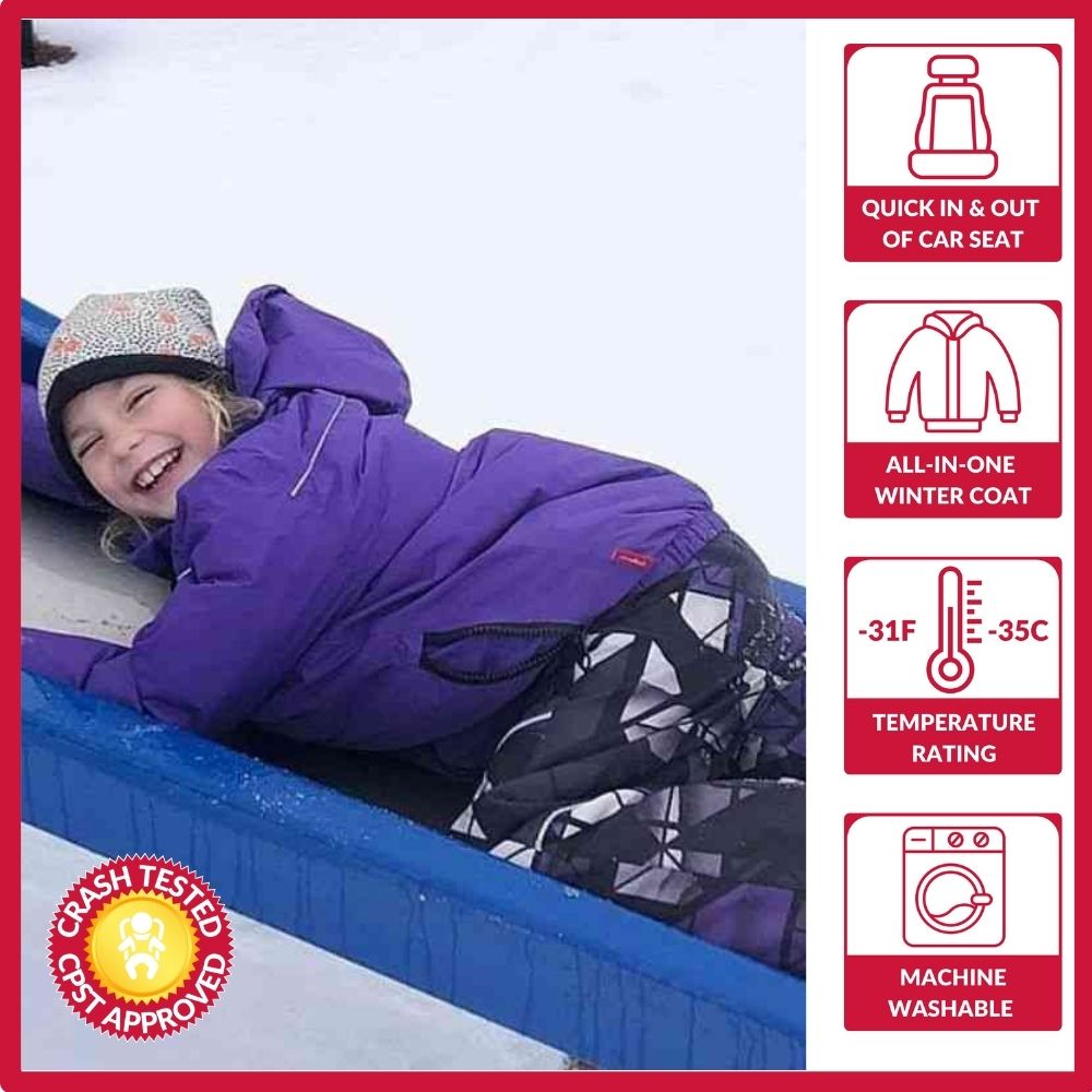 Child wearing purple Road Coat Arctic – crash tested car seat coat