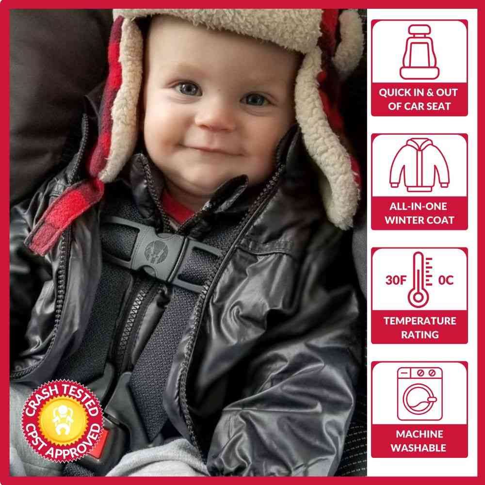 Child in black Road Coat Transition safely buckled in car seat – crash tested car seat coat
