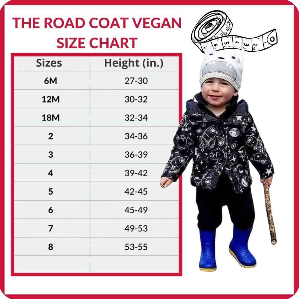 Size chart for The Road Coat Vegan Rocketship