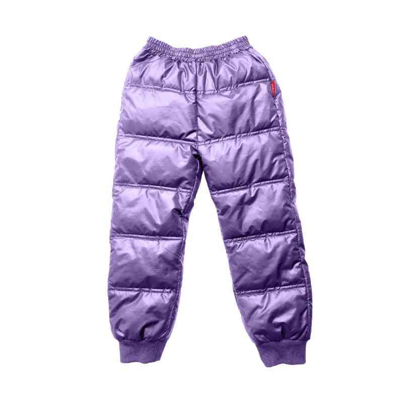 One Kid Packable Snow Pant in Violet, front view."
