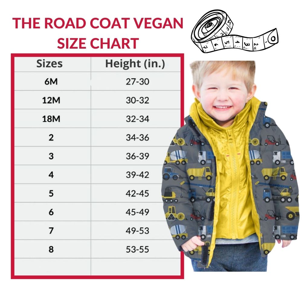 Size chart for The Road Coat Vegan