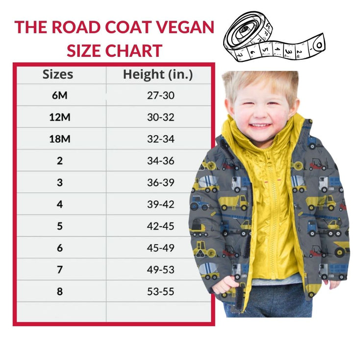 Size chart for The Road Coat Vegan