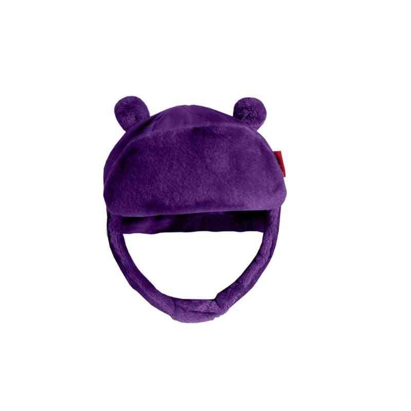 One Kid Quilted Bomber Hat in Purple – front view showing wind- and water-resistant shell and cozy fleece lining.