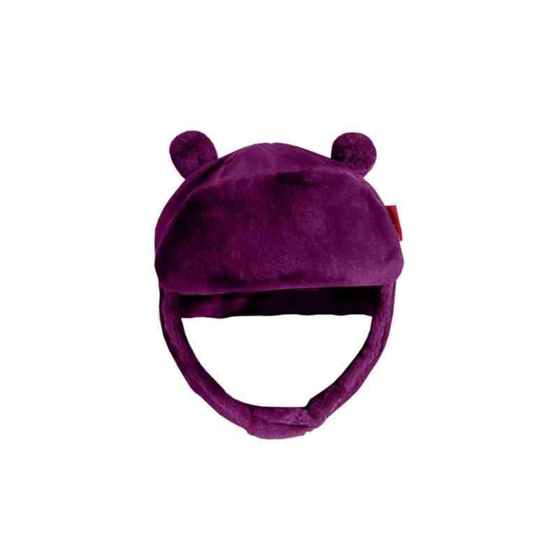 One Kid Quilted Bomber Hat in Plum – front view showing wind- and water-resistant shell and cozy fleece lining.