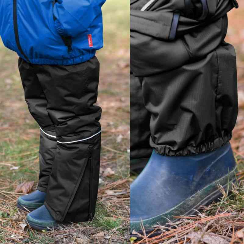 Close-up of black Arctic snow pants with snow guard