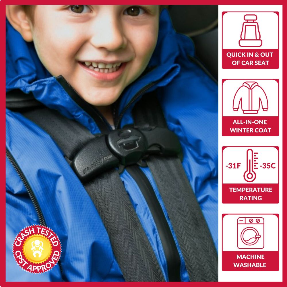 Child in royal blue Road Coat Arctic safely buckled in car seat – crash tested car seat coat