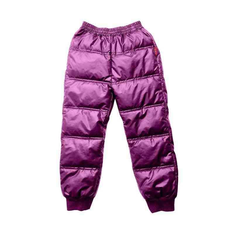 Plum Packable Snow Pants displayed flat on a white background, showcasing their deep plum color and full-length insulated design.