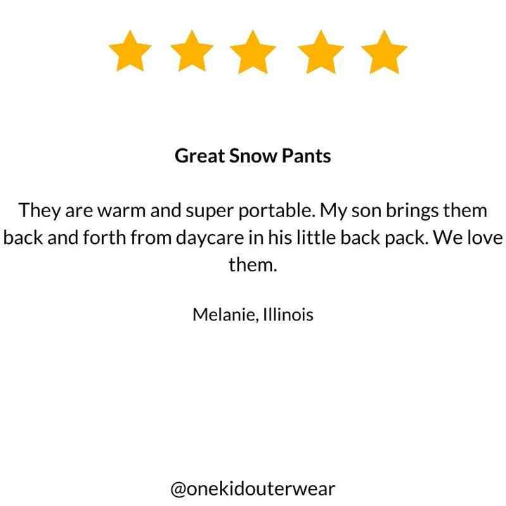 Five-star customer review praising the Packable Snow Pants for their warmth, durability, and convenience for winter activities.