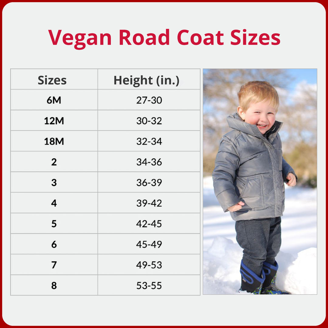 Vegan road coat size chart with child model