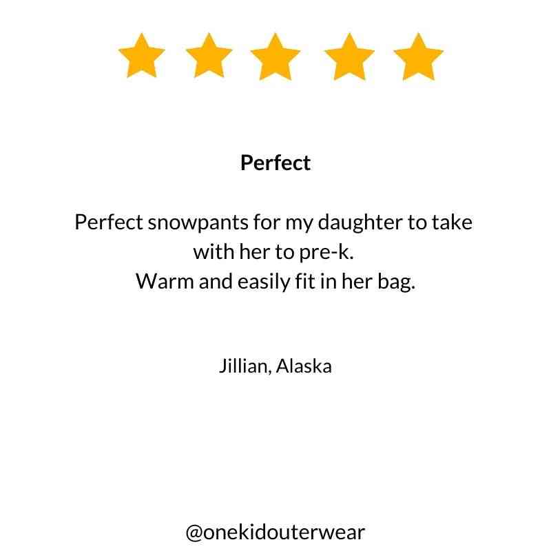 Five-star customer review praising the fuchsia Packable Snow Pants for their warmth, durability, and perfect fit for winter adventures.