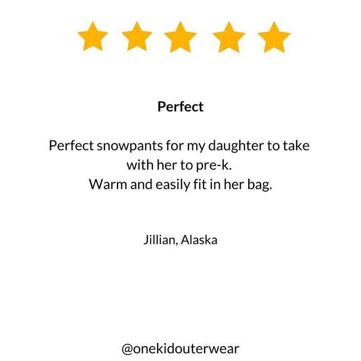 Five-star customer review praising the fuchsia Packable Snow Pants for their warmth, durability, and perfect fit for winter adventures.