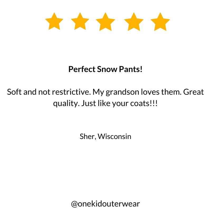 Five-star customer review praising the navy Packable Snow Pants for their warmth, durability, and practicality for winter activities.