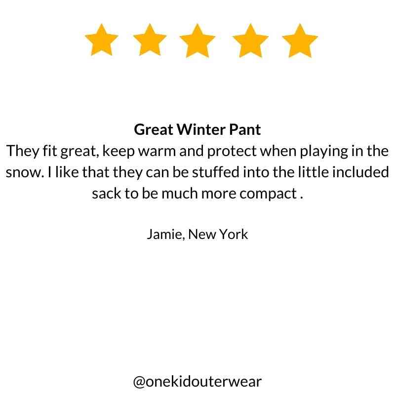5-star review for One Kid Packable Snow Pant in pink, highlighting warmth and comfort.