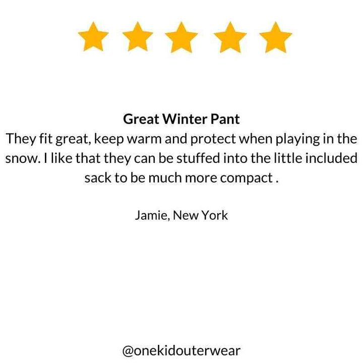 5-star review for One Kid Packable Snow Pant in pink, highlighting warmth and comfort.