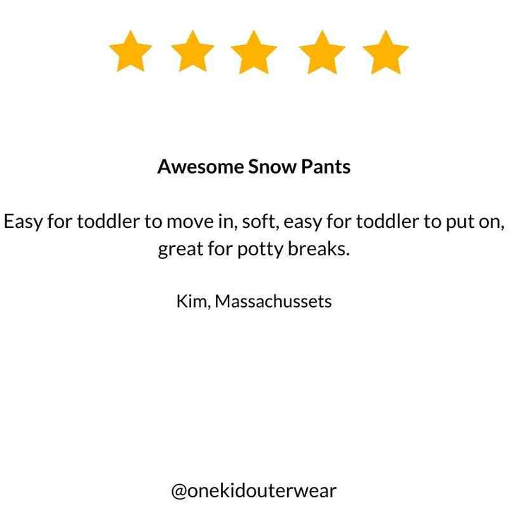 Five-star customer review praising the plum Packable Snow Pants for their warmth, durability, and stylish fit for winter activities.