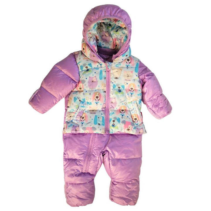 The Road Coat Snow Suit – Lilac Puppy Print – Car Seat Snow Suit for Infants