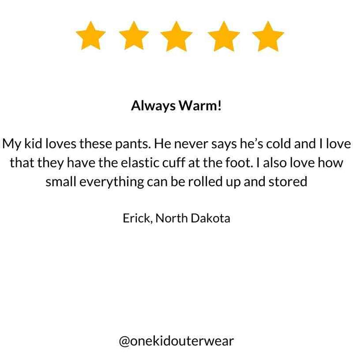 Five-star review praising Arctic snow pants