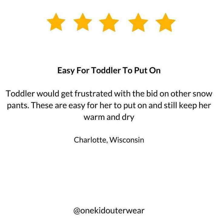 5-star review for One Kid Packable Snow Pant in Violet, highlighting quality and comfort.