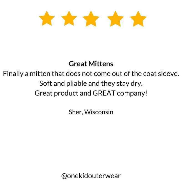 5-star review for One Kid Navy Mittens, praising warmth and comfort