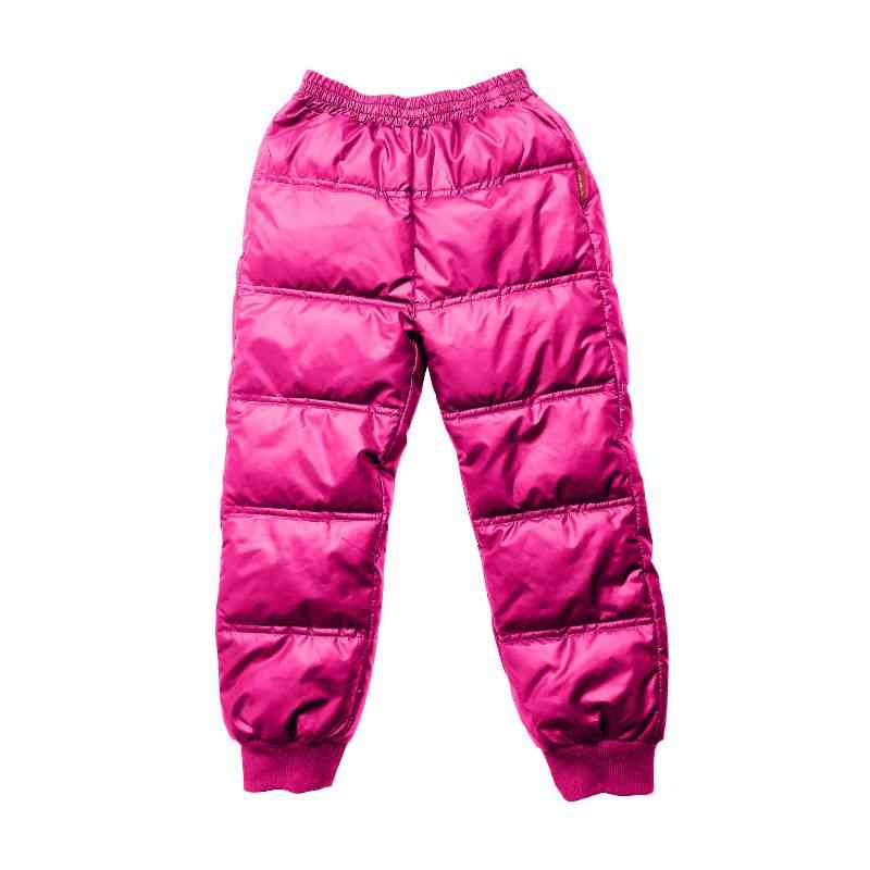 Fuchsia Packable Snow Pants displayed flat on a white background, showcasing their bright color and full-length insulated design.
