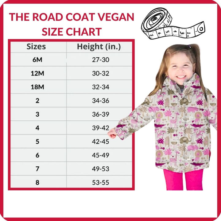 The Road Coat Vegan size chart for toddlers.
