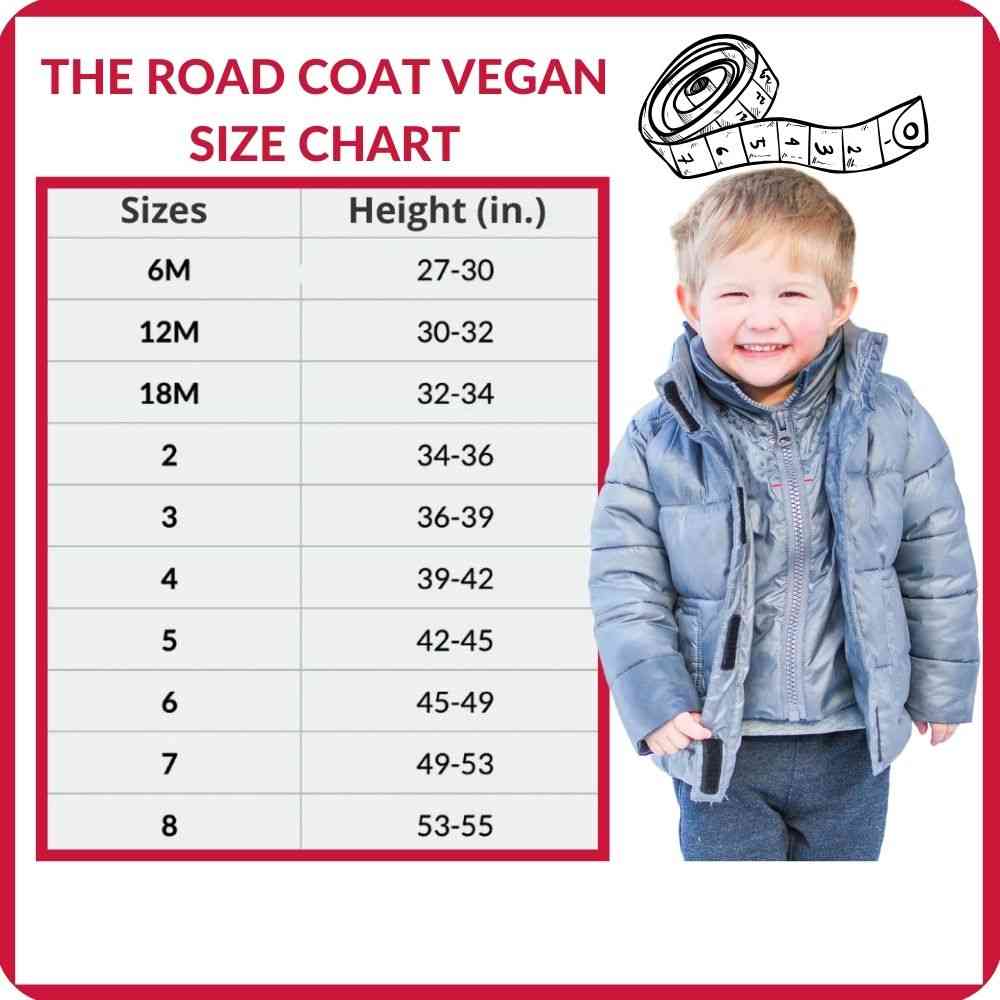 Size chart for The Road Coat Vegan