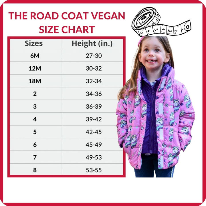 Size chart for The Road Coat Vegan with girl model