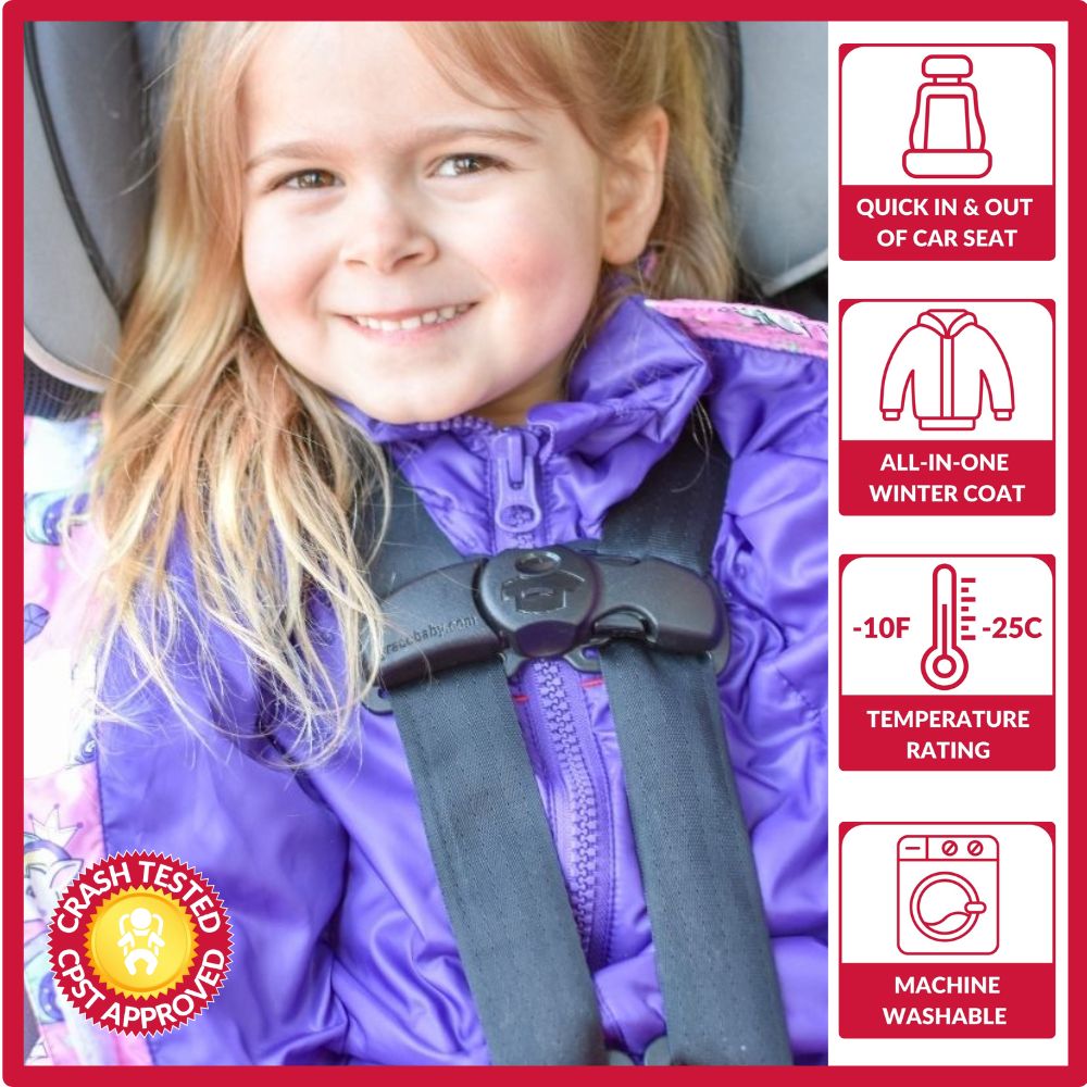 Girl in unicorn print Road Coat Vegan safely buckled in car seat – crash tested car seat coat