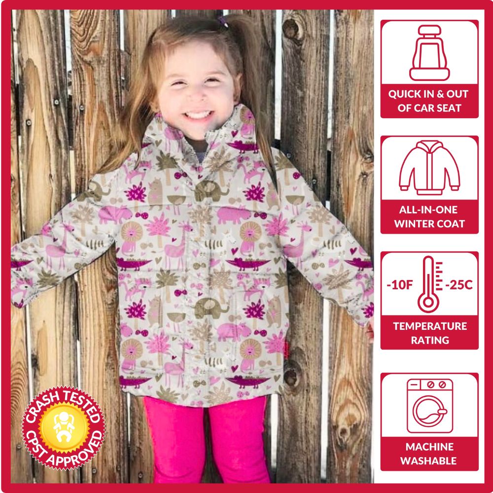 Girl wearing safari print Road Coat Vegan  – crash tested car seat coat