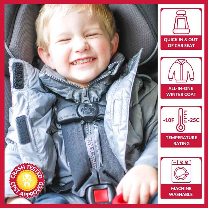 Boy in platinum Road Coat Vegan safely buckled in car seat – crash tested car seat coat