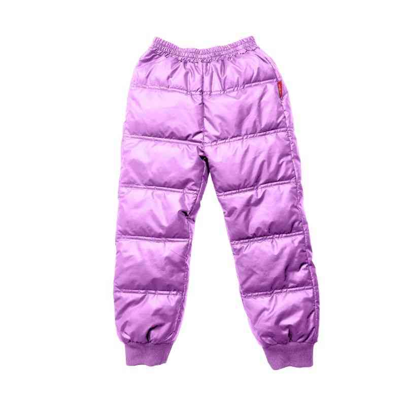 Lilac Packable Snow Pants displayed flat on a white background, highlighting their light purple color and full-length insulated design.