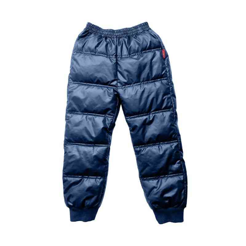 Navy Packable Snow Pants displayed flat on a white background, showcasing their insulated design and full-length coverage.