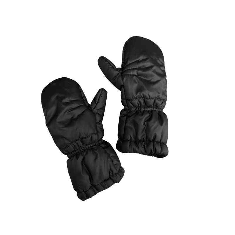 One Kid Black Mittens, front and back view, showing full design."