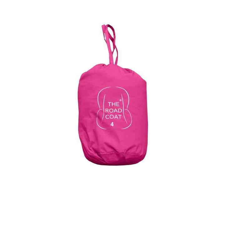 Fuchsia Arctic Snow Pants folded into a matching compact pouch, demonstrating easy portability and storage.